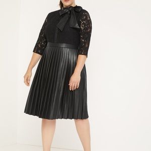 Black Lace and Faux Leather Dress with Pleated Skirt and Tie at Neck